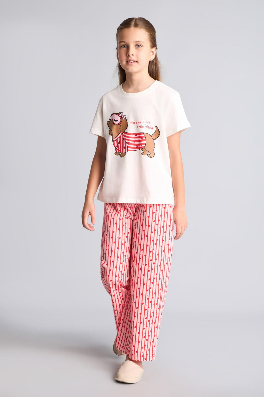 Printed and Striped Regular Fit 2-Piece Pajama Set Girls