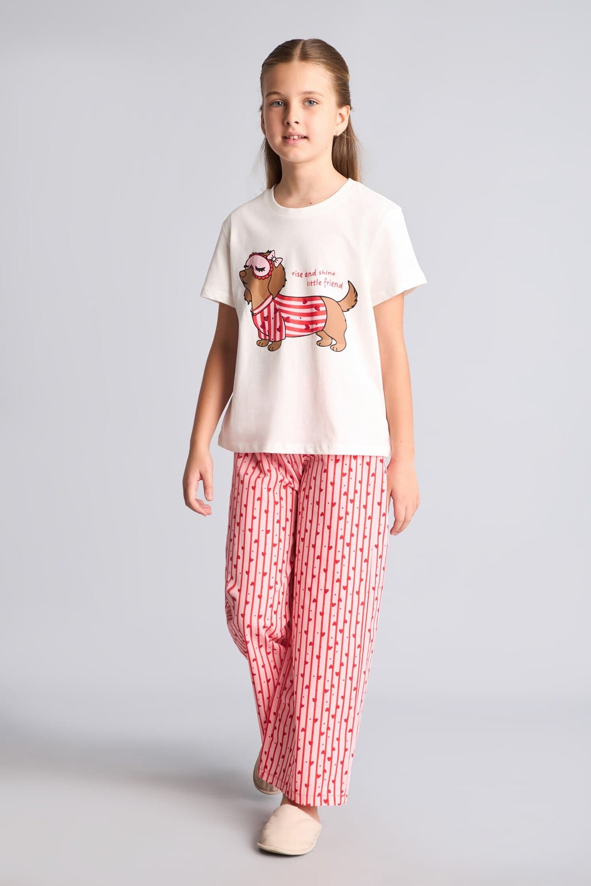 Printed and Striped Regular Fit 2-Piece Pajama Set Girls