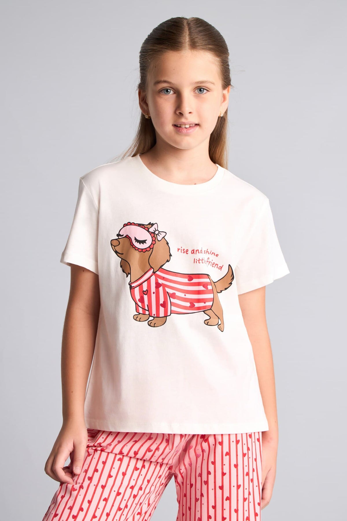 Printed and Striped Regular Fit 2-Piece Pajama Set Girls