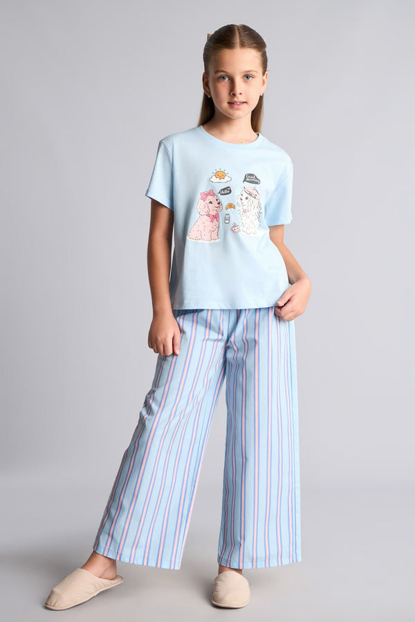 100% Cotton Printed Short Sleeve Top Striped Wide Leg Bottom Regular Fit 2-Piece Pajama Set For Girls