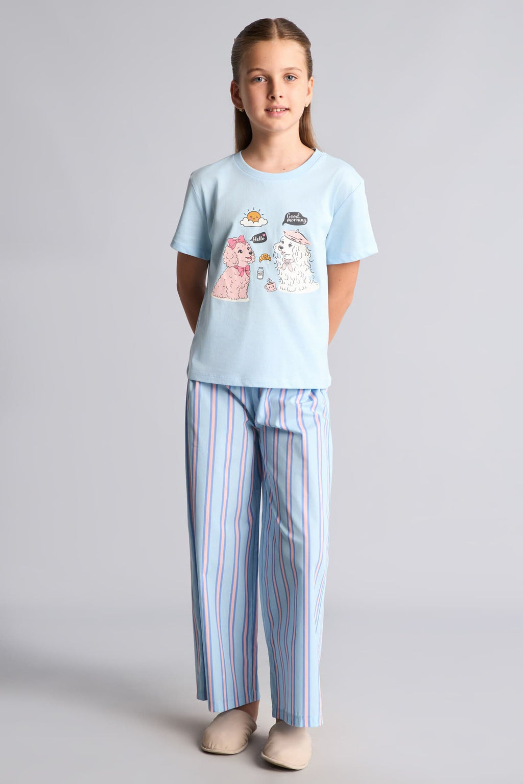 100% Cotton Printed Short Sleeve Top Striped Wide Leg Bottom Regular Fit 2-Piece Pajama Set For Girls