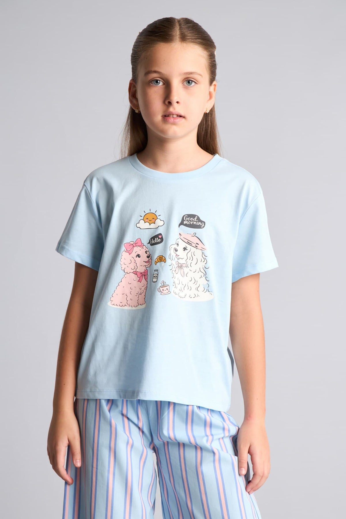 100% Cotton Printed Short Sleeve Top Striped Wide Leg Bottom Regular Fit 2-Piece Pajama Set For Girls