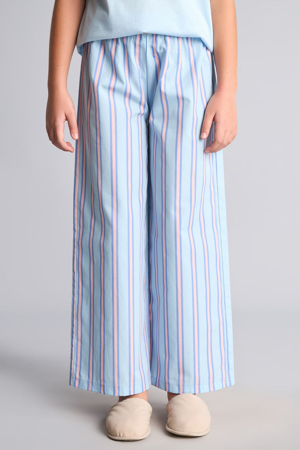 100% Cotton Printed Short Sleeve Top Striped Wide Leg Bottom Regular Fit 2-Piece Pajama Set For Girls