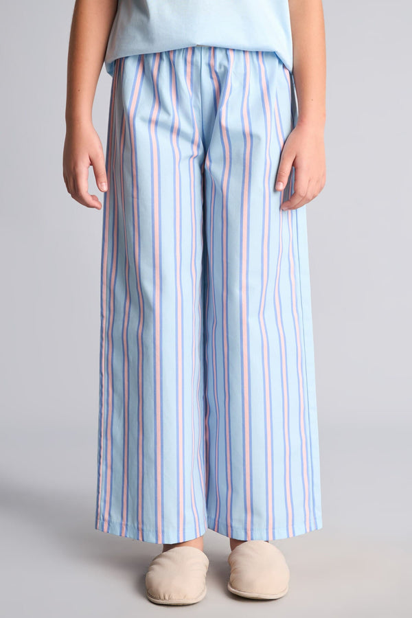 100% Cotton Printed Short Sleeve Top Striped Wide Leg Bottom Regular Fit 2-Piece Pajama Set For Girls