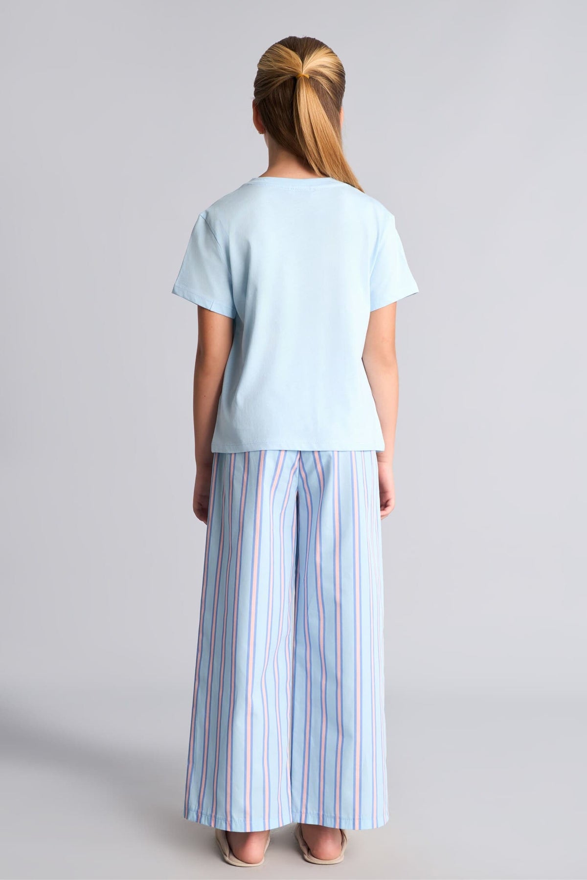 100% Cotton Printed Short Sleeve Top Striped Wide Leg Bottom Regular Fit 2-Piece Pajama Set For Girls