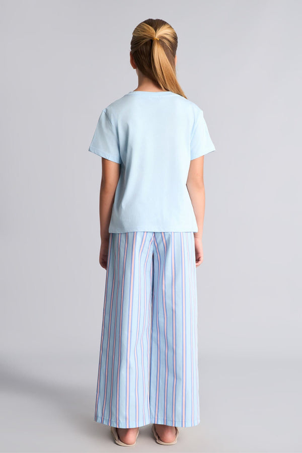 100% Cotton Printed Short Sleeve Top Striped Wide Leg Bottom Regular Fit 2-Piece Pajama Set For Girls