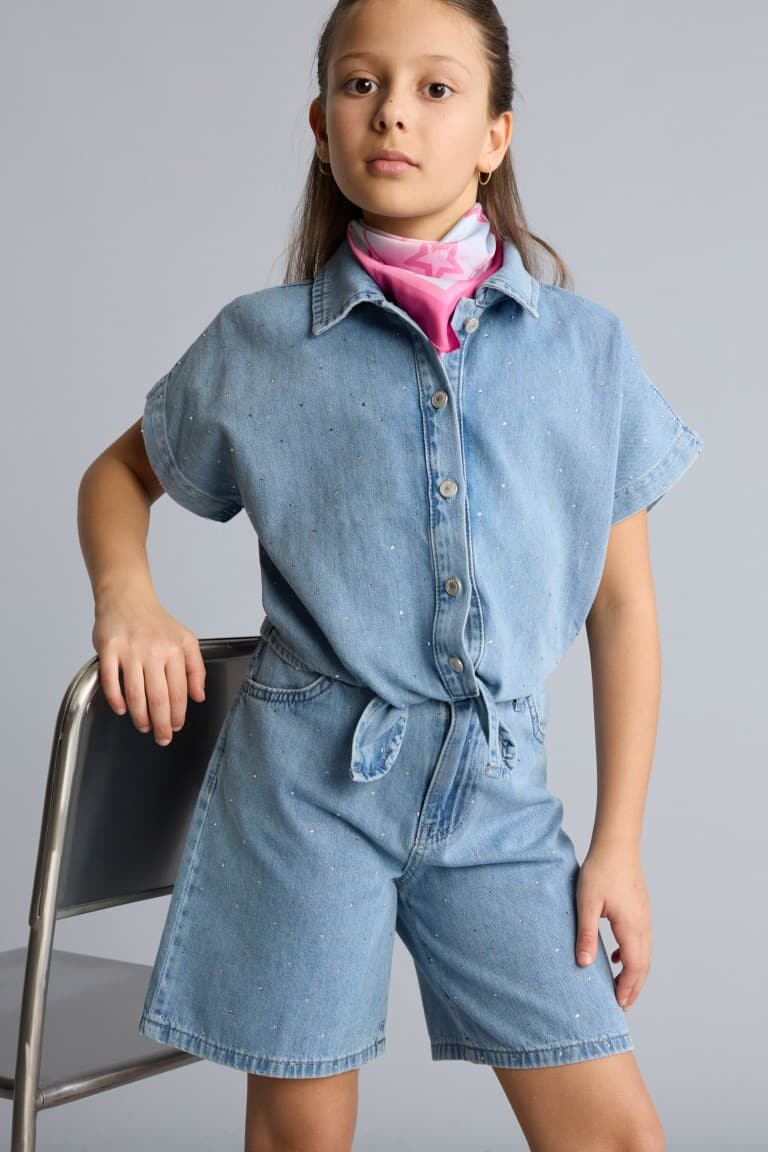 100% Cotton Blue Denim Shirt For Girls