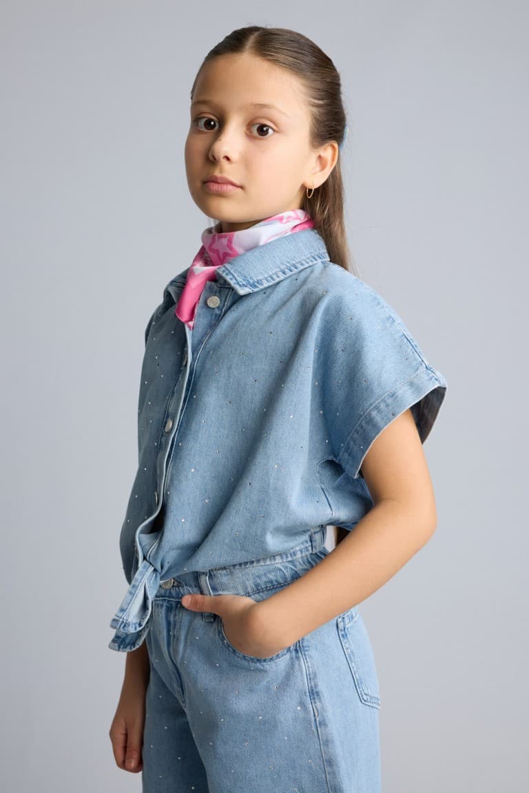 100% Cotton Blue Denim Shirt For Girls