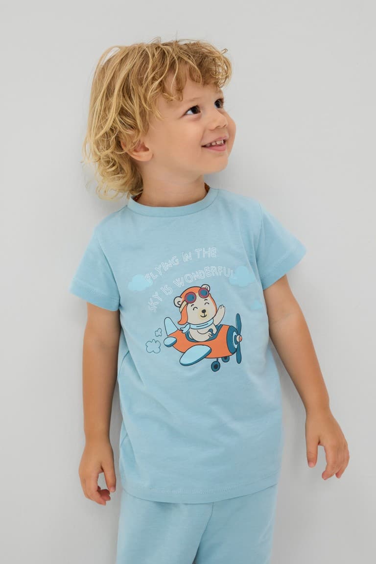 2 Pcs Blue Printed Short Sleeve Pajama Set Baby Boy