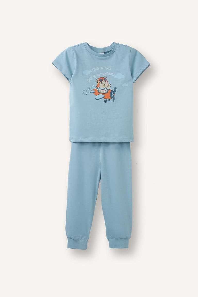 2 Pcs Blue Printed Short Sleeve Pajama Set Baby Boy