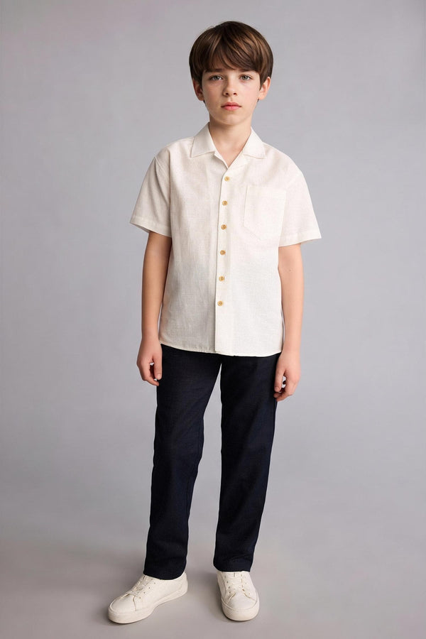 100% Cotton Regular Fit Apaş Collar Poplin Short Sleeve Shirt For Boys