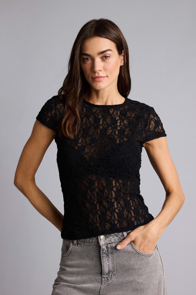 Slım Fitt Crew Neck Lace Short Sleeve T-Shirt