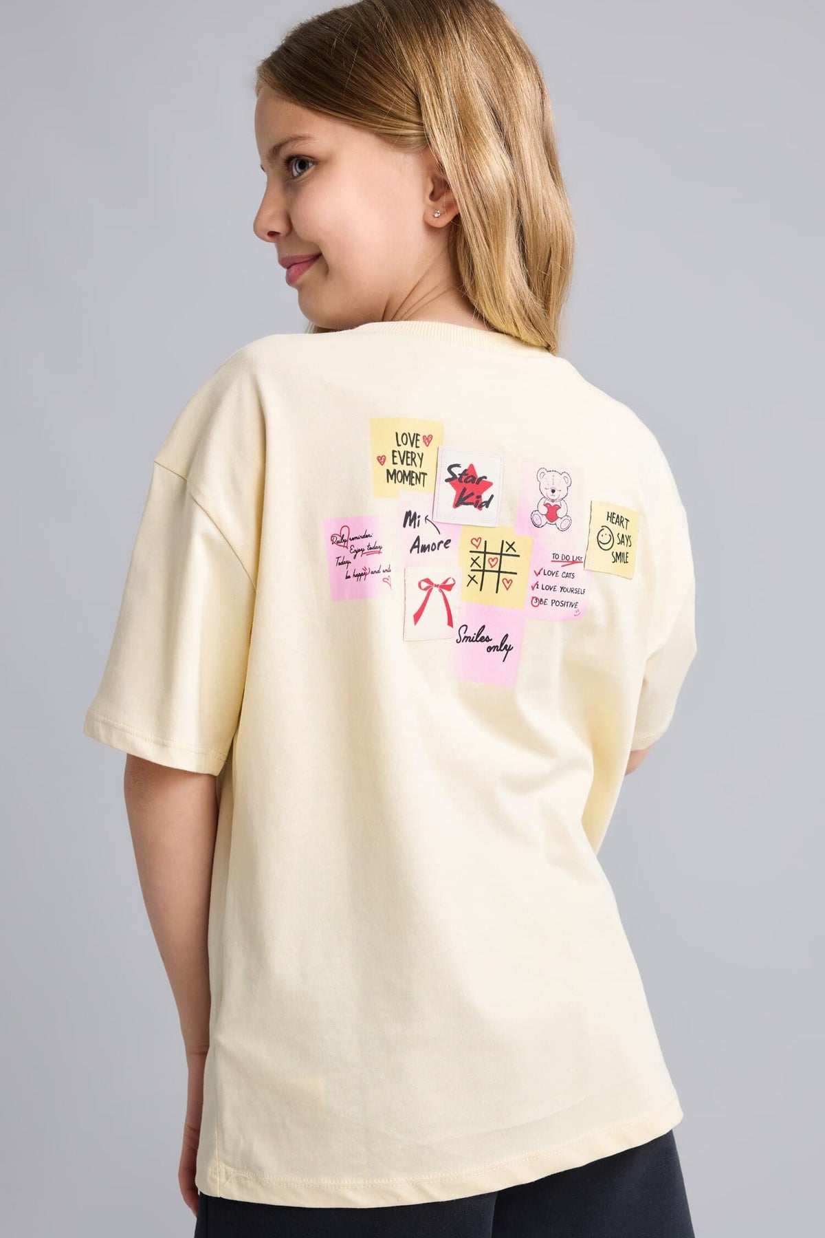100% Cotton Crew Neck Short Sleeve Back Printed Light Yellow T-Shirt Girls Main image