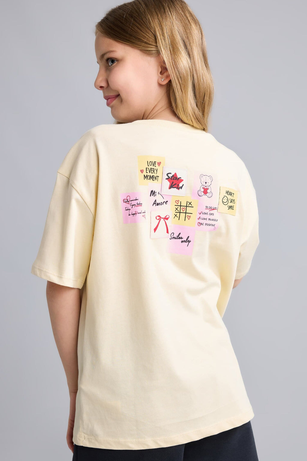 100% Cotton Crew Neck Short Sleeve Back Printed Light Yellow T-Shirt Girls
