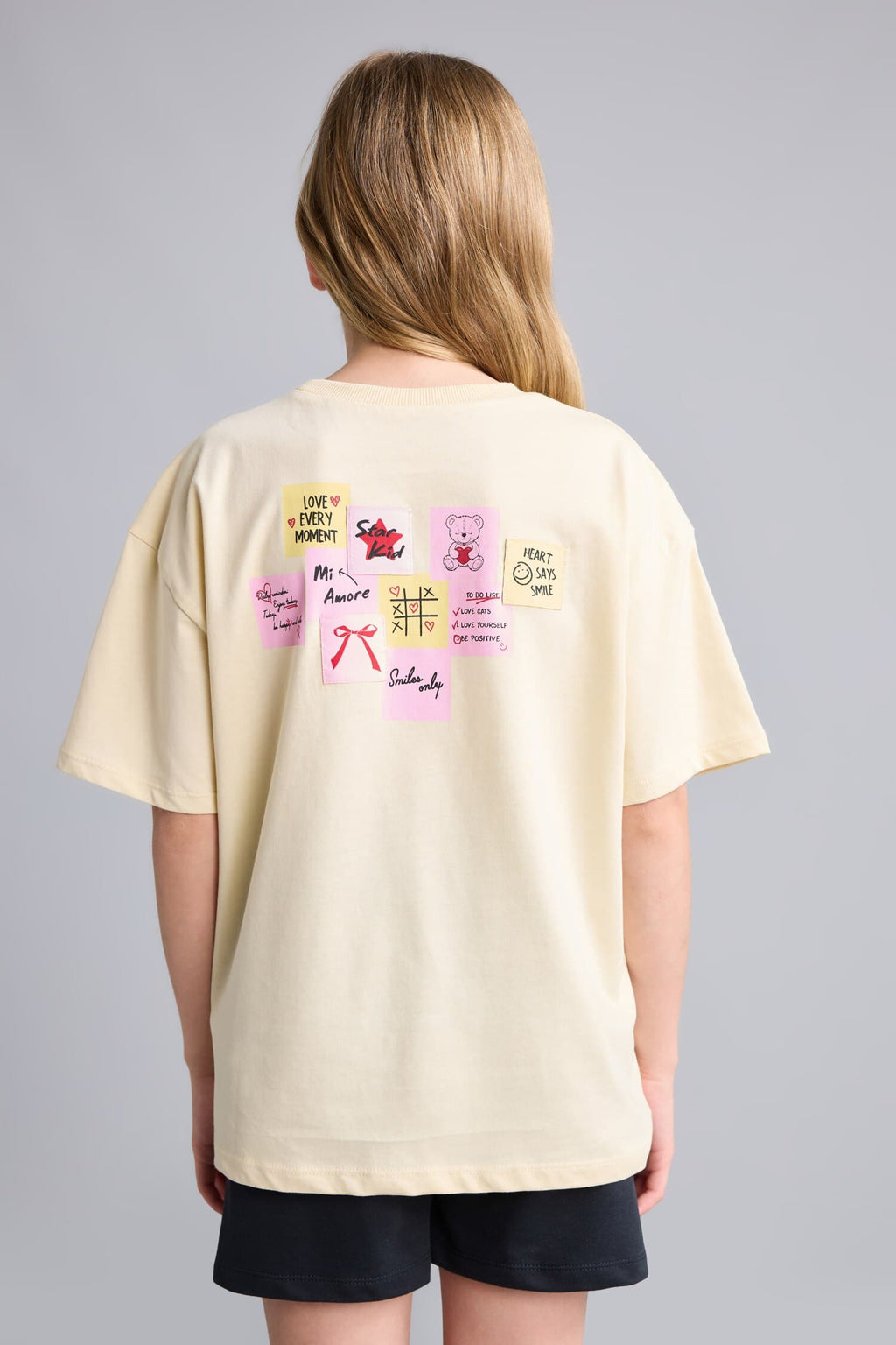 100% Cotton Crew Neck Short Sleeve Back Printed Light Yellow T-Shirt Girls