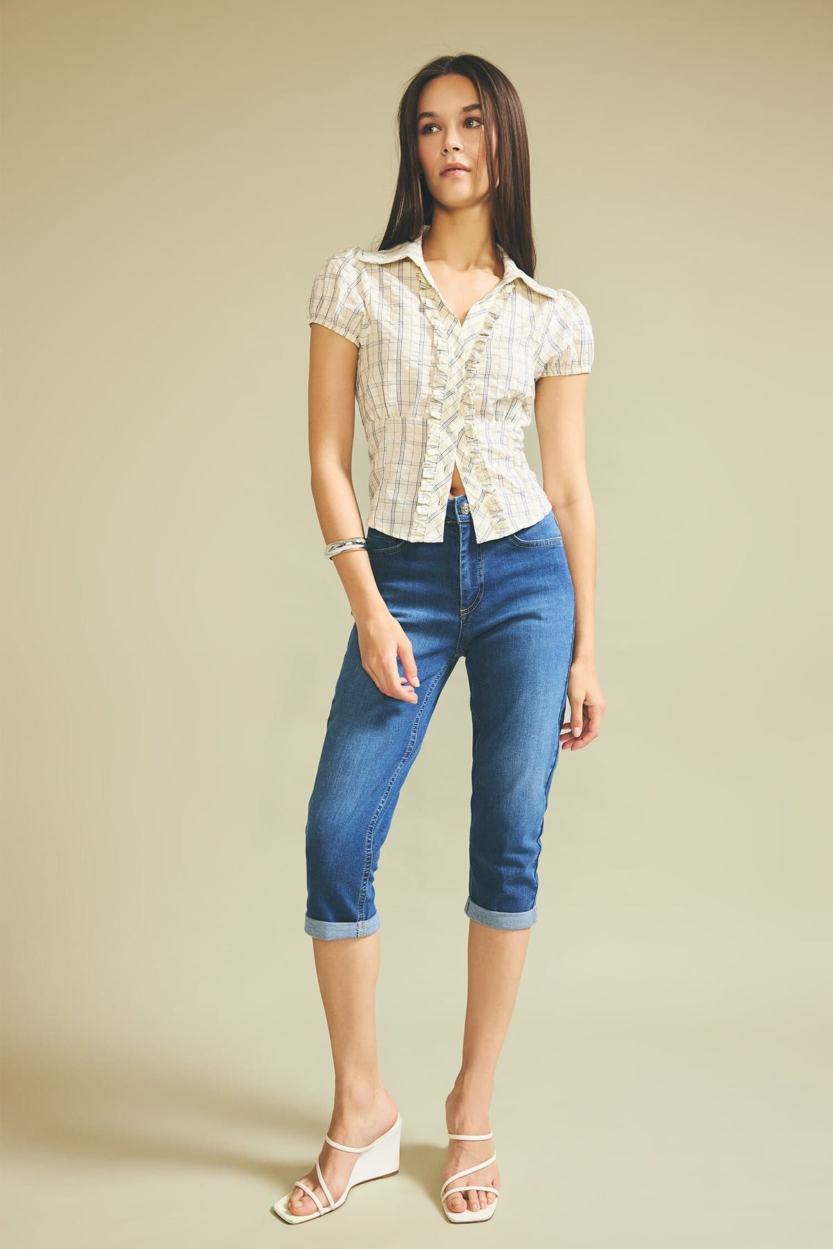 High Waist Pocketed Folded Leg Jean Capri
