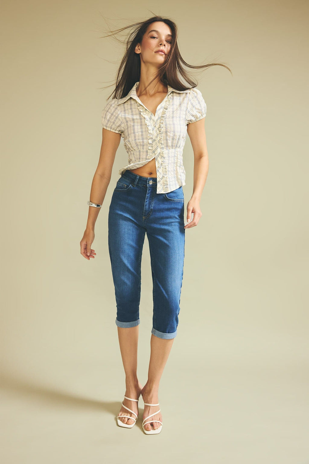 High Waist Pocketed Folded Leg Jean Capri