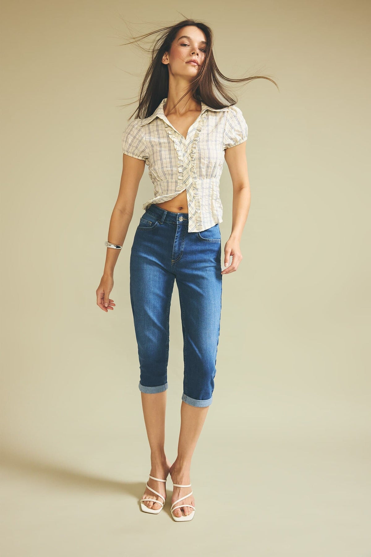 High Waist Pocketed Folded Leg Jean Capri