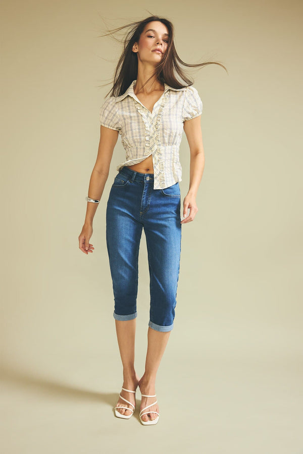 High Waist Pocketed Folded Leg Jean Capri