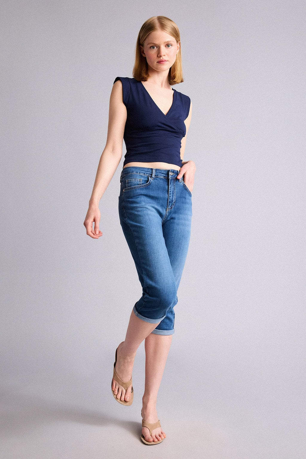 High Waist Pocketed Folded Leg Jean Capri