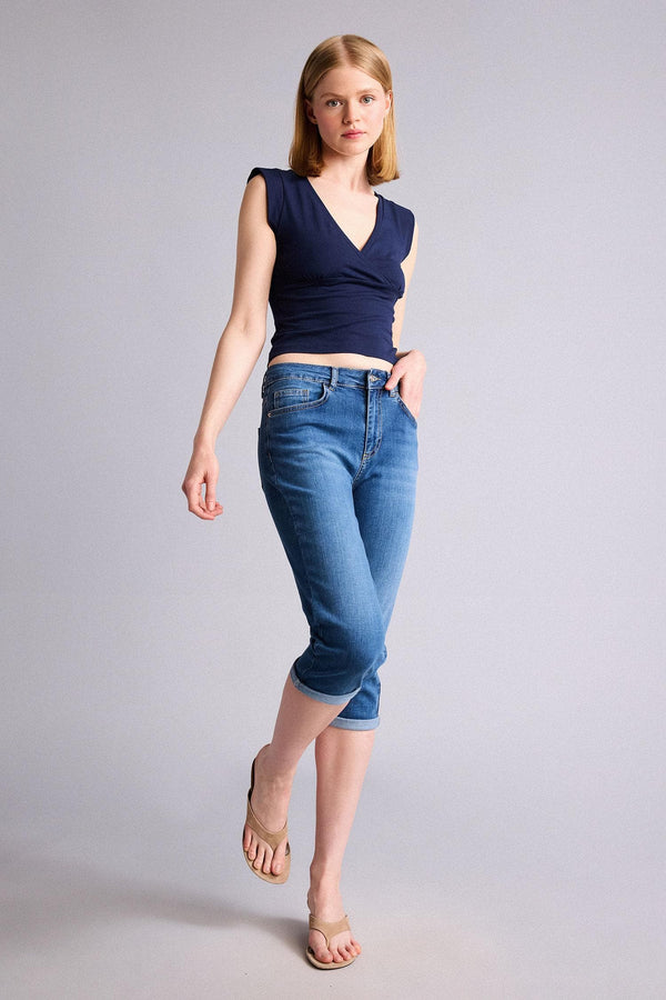 High Waist Pocketed Folded Leg Jean Capri