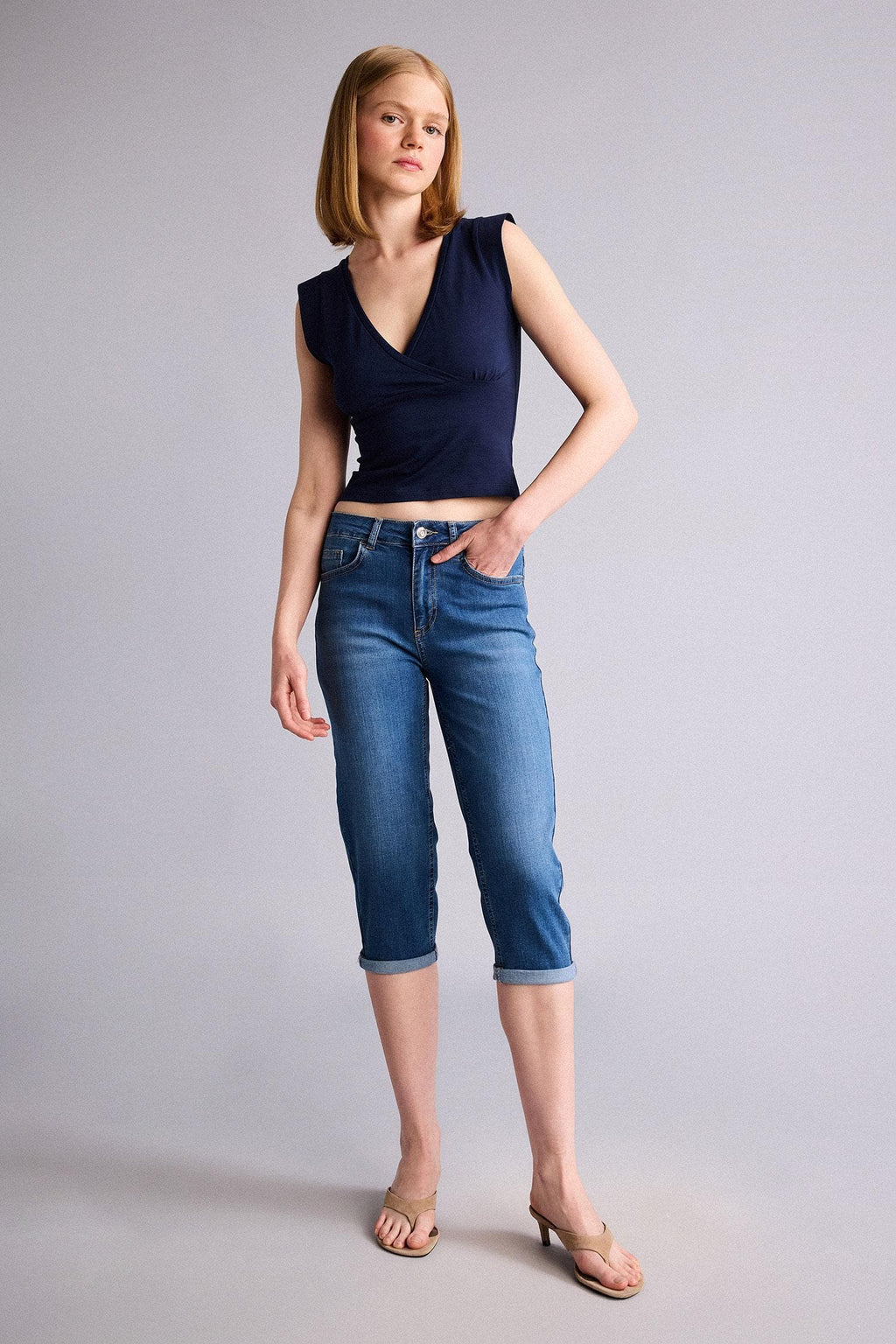 High Waist Pocketed Folded Leg Jean Capri