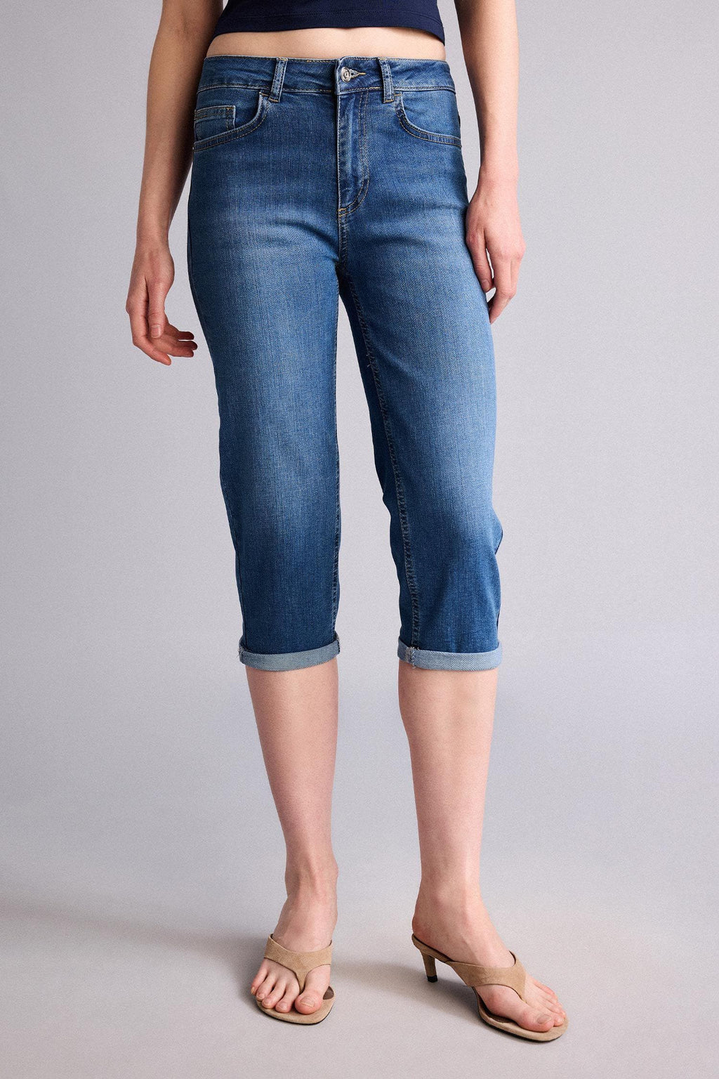 High Waist Pocketed Folded Leg Jean Capri