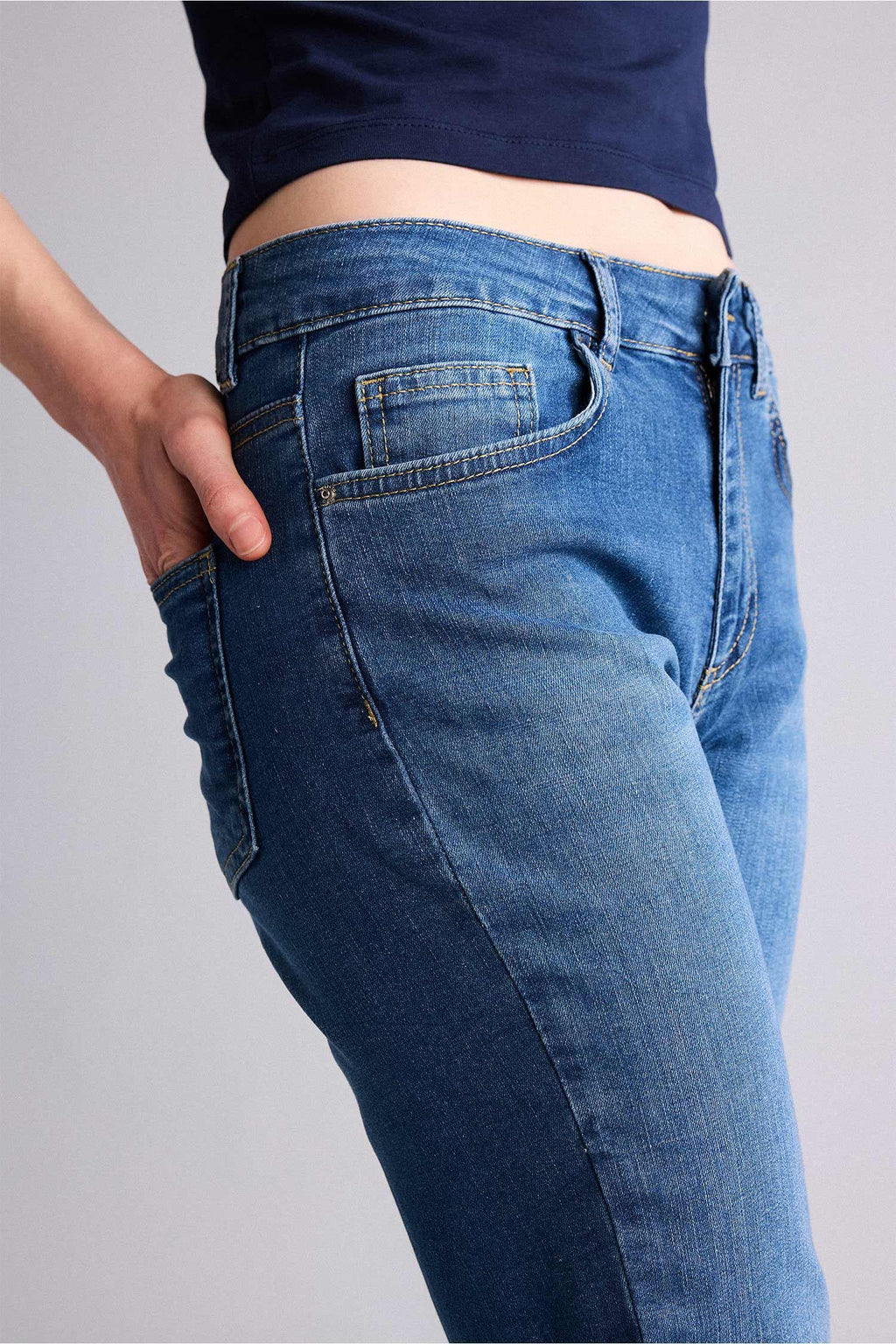 High Waist Pocketed Folded Leg Jean Capri