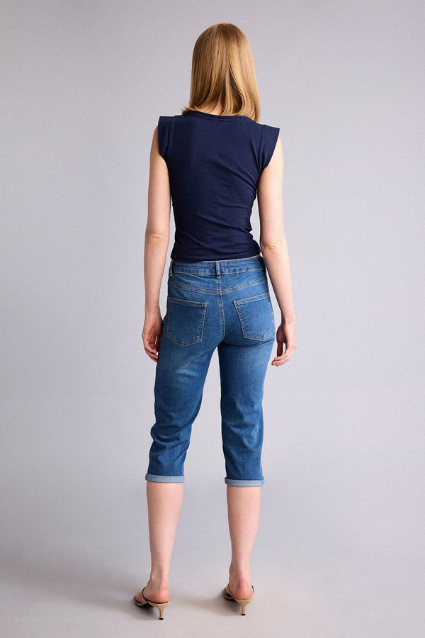 High Waist Pocketed Folded Leg Jean Capri