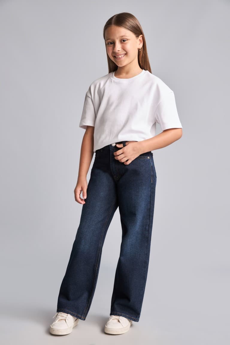 100% Cotton Shiny Wide Light Blue Jeans For Girls