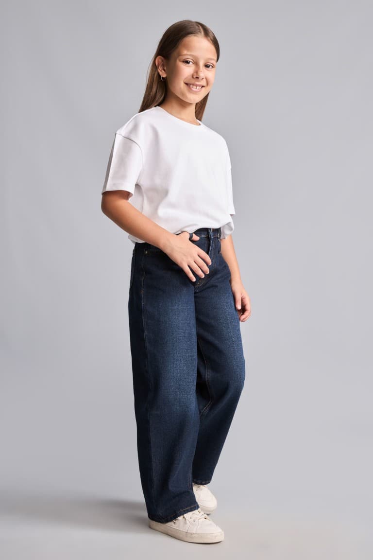 100% Cotton Shiny Wide Light Blue Jeans For Girls