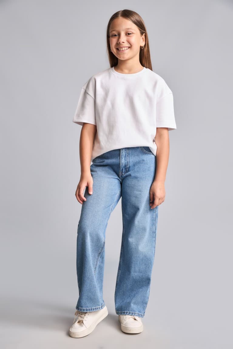 100% Cotton Shiny Wide Light Blue Jeans For Girls