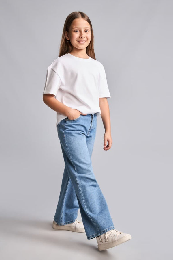 100% Cotton Shiny Wide Light Blue Jeans For Girls