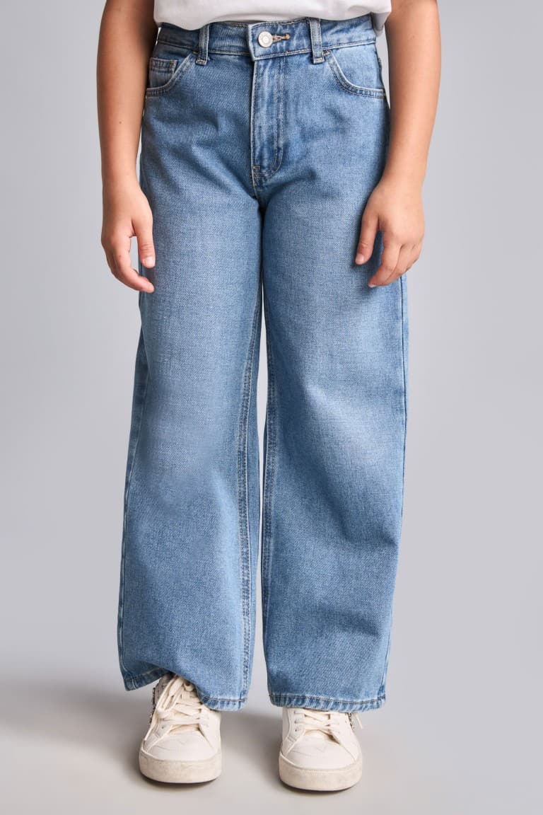 100% Cotton Shiny Wide Light Blue Jeans For Girls