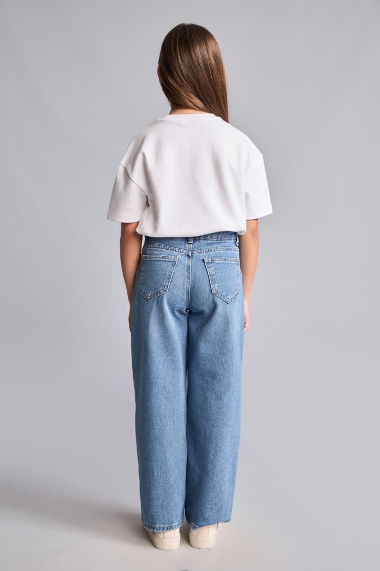 100% Cotton Shiny Wide Light Blue Jeans For Girls