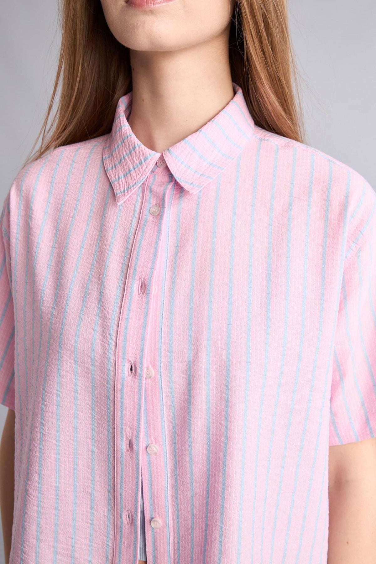 Boxy Fit Shirt Collar Short Sleeve Pink Shirt