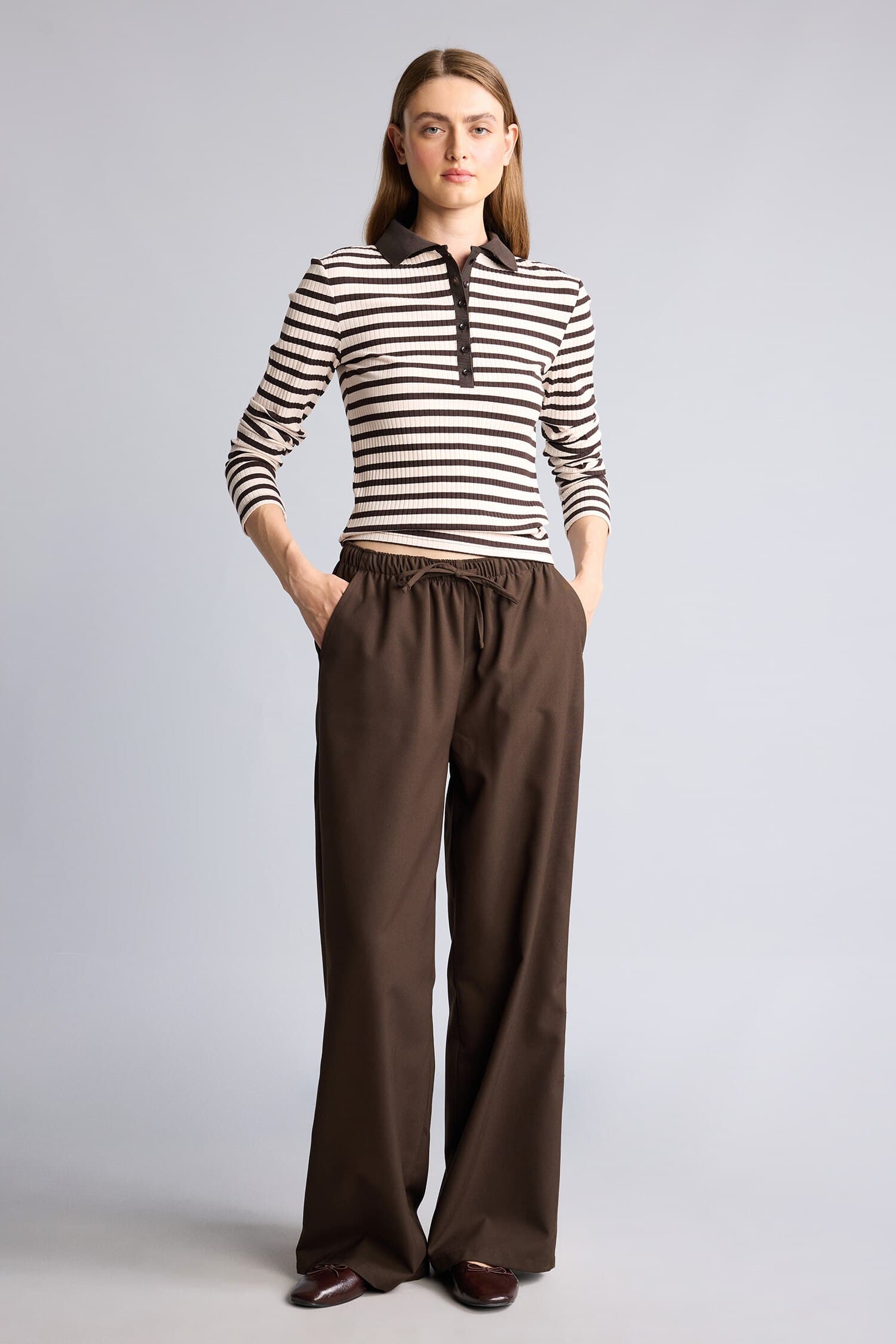 Slim Fit Polo Collar Striped Ribbed Camisole Long Sleeve T-Shirt Secondary image