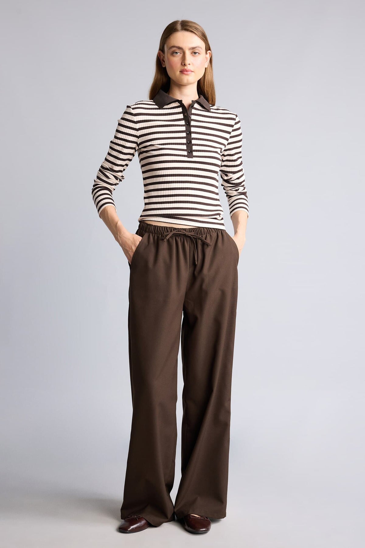 Slim Fit Polo Collar Striped Ribbed Camisole Long Sleeve T-Shirt
