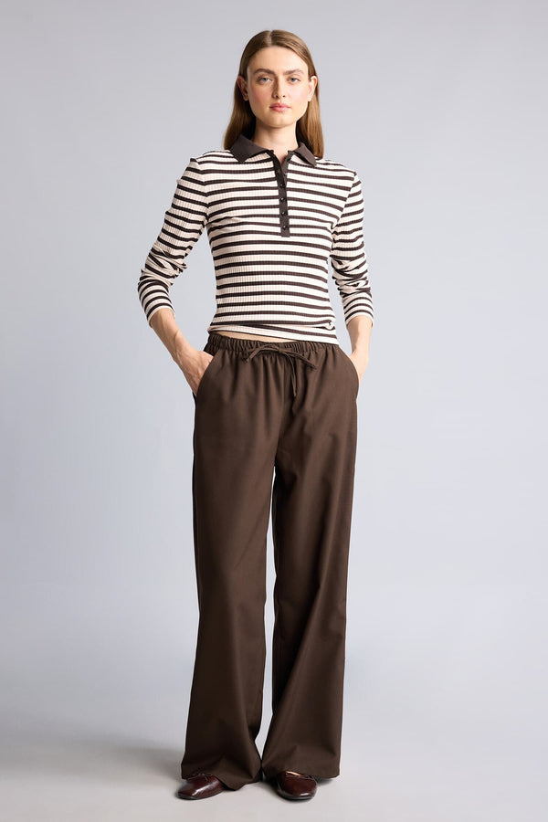 Slim Fit Polo Collar Striped Ribbed Camisole Long Sleeve T-Shirt