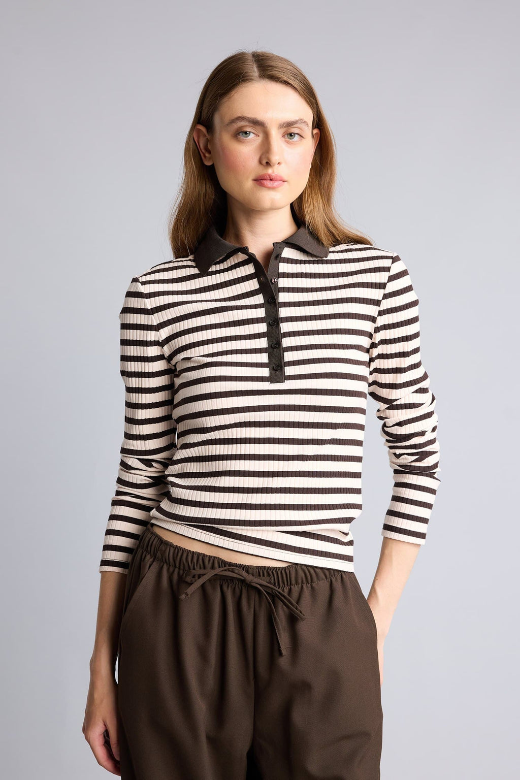 Slim Fit Polo Collar Striped Ribbed Camisole Long Sleeve T-Shirt