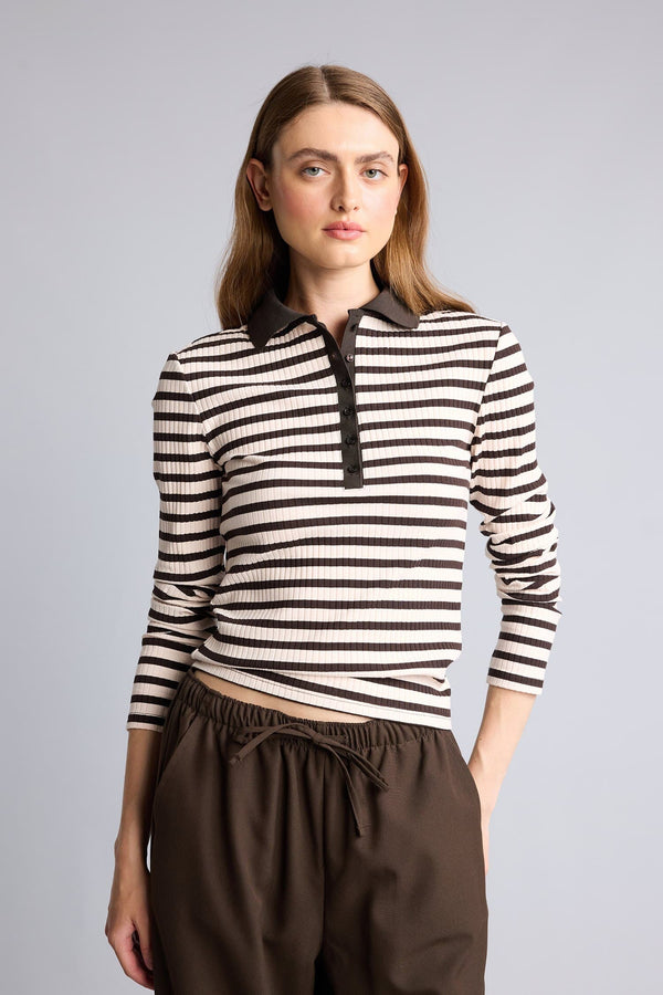 Slim Fit Polo Collar Striped Ribbed Camisole Long Sleeve T-Shirt