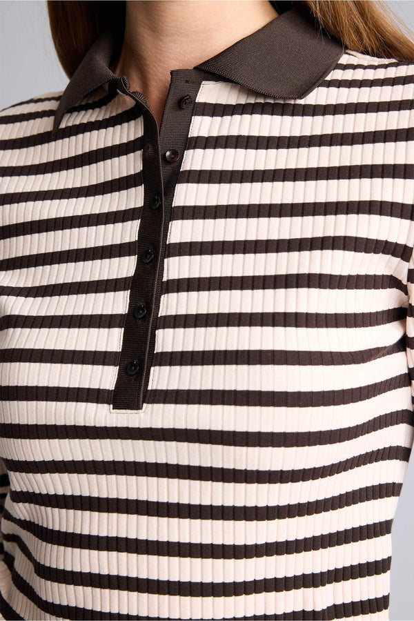 Slim Fit Polo Collar Striped Ribbed Camisole Long Sleeve T-Shirt