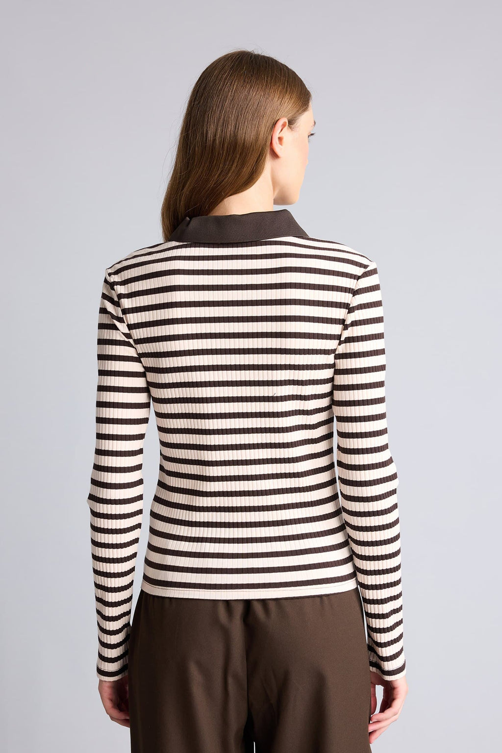 Slim Fit Polo Collar Striped Ribbed Camisole Long Sleeve T-Shirt
