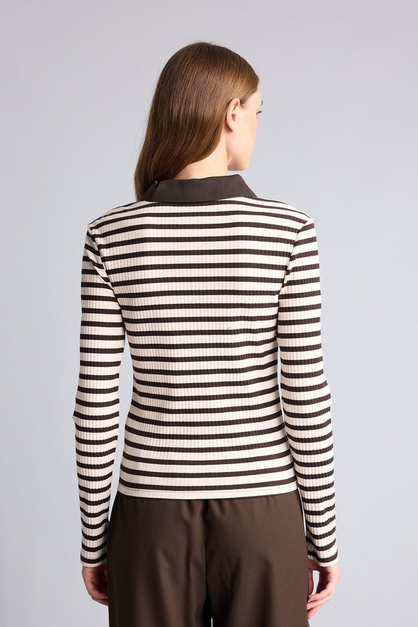 Slim Fit Polo Collar Striped Ribbed Camisole Long Sleeve T-Shirt