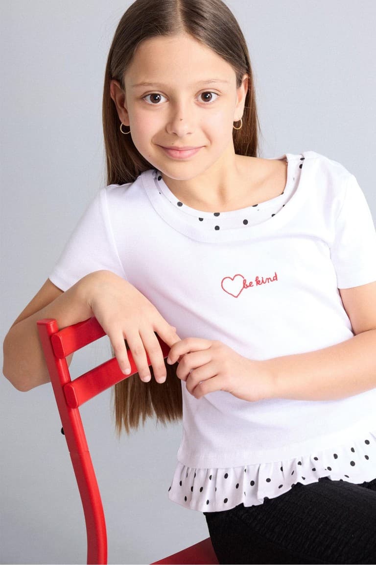 Crew Neck Polka Dot Rib Short Sleeve T-Shirt Girl