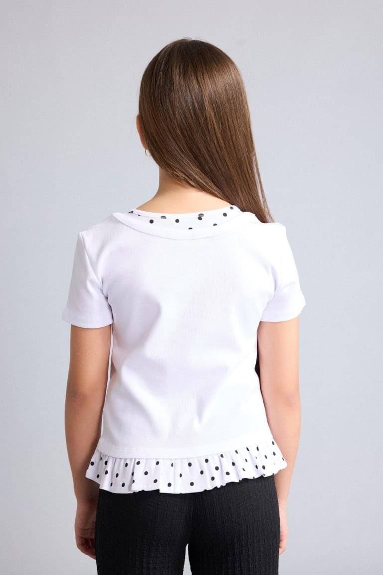 Crew Neck Polka Dot Rib Short Sleeve T-Shirt Girl