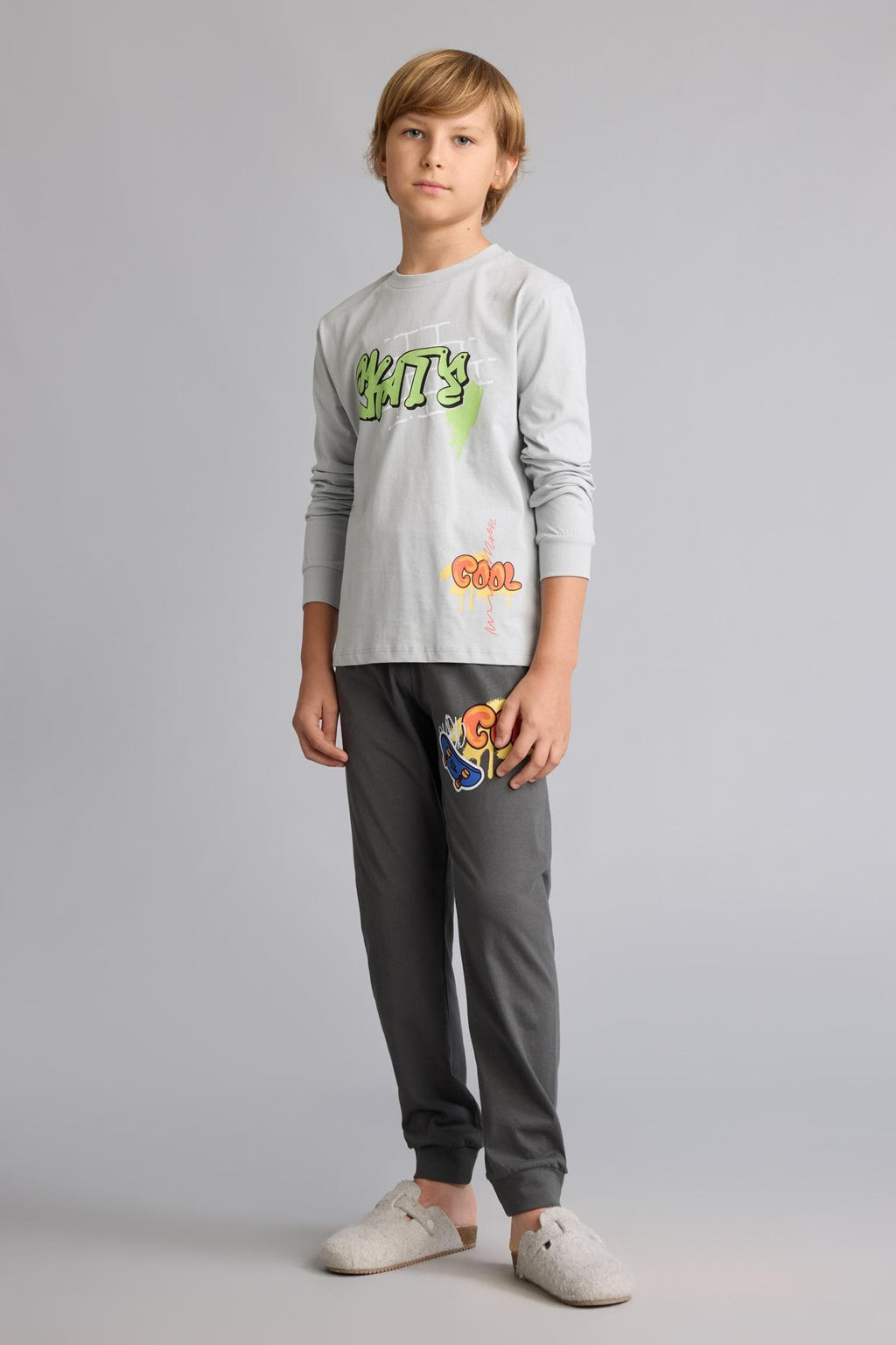 100% Cotton Regular Fit 2-Pack Light Gray Pajama Set for Boys