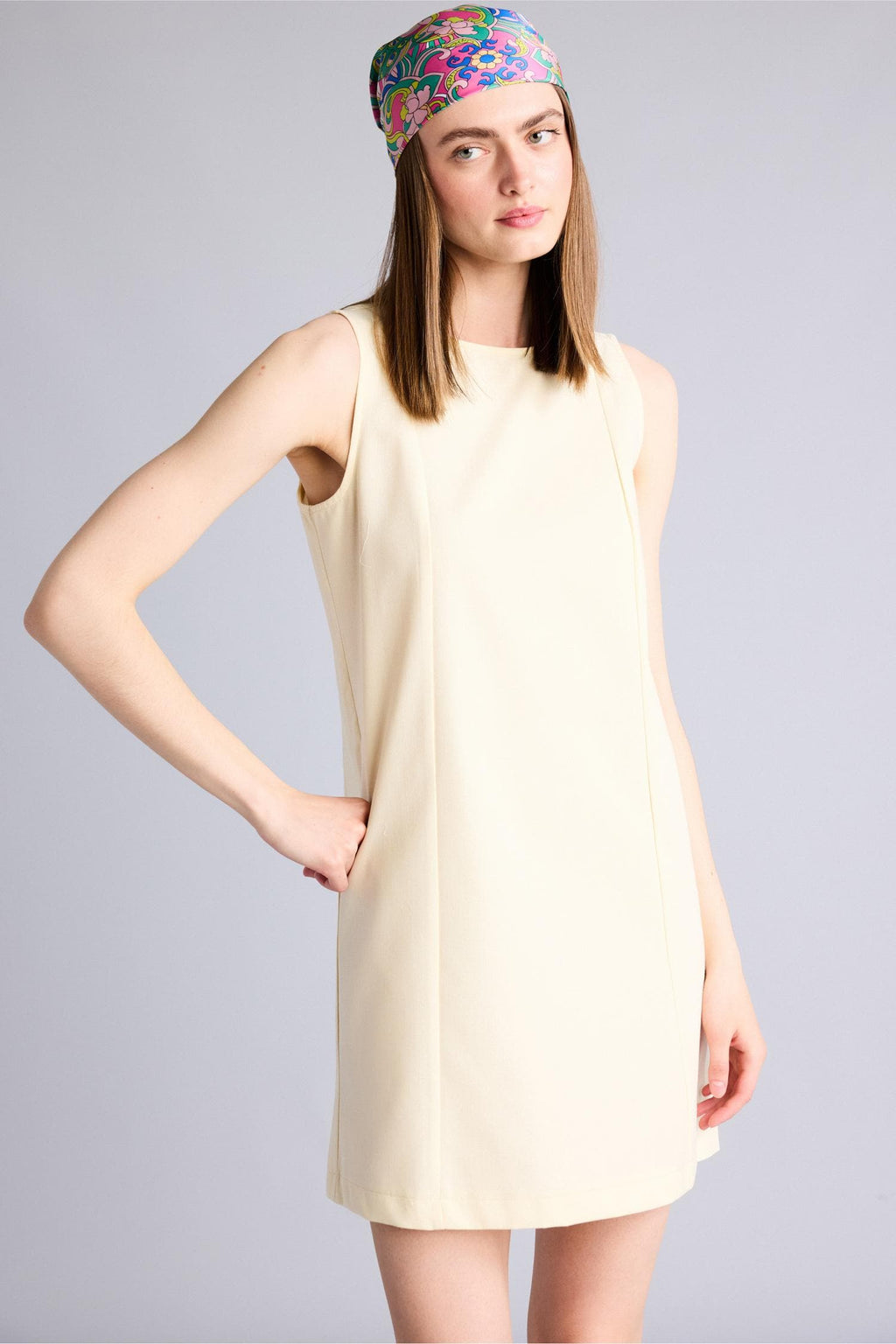 100% Cotton Crew Neck Linen Look Sleeveless Mini Dress
