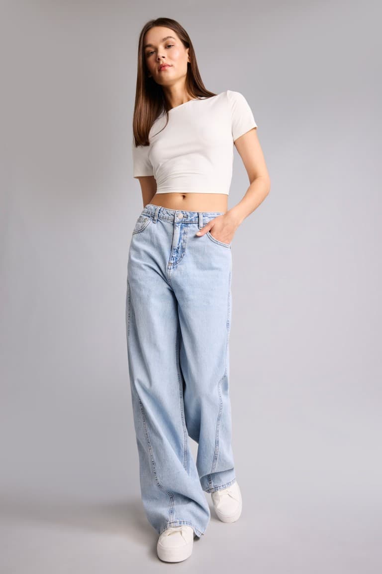 100% Cotton Wide Leg High Waist Open Indigo Trousers Main image