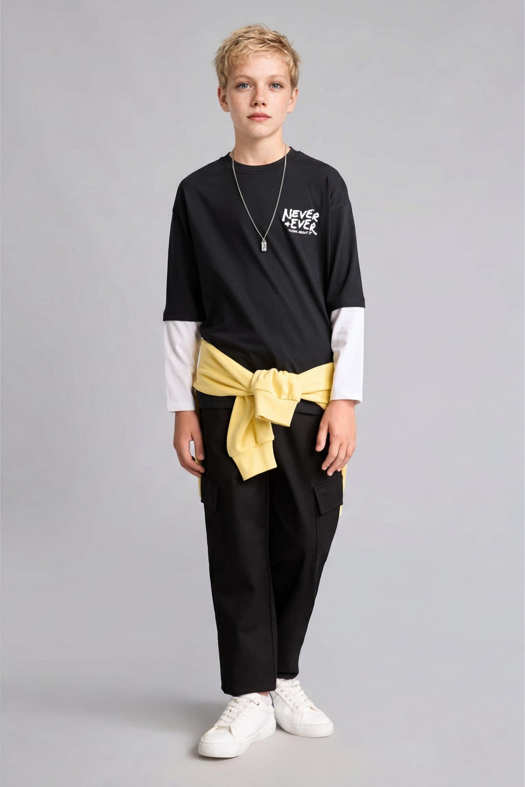 100% Cotton New Regular Fit Crew Neck Long Sleeve Black T-Shirt Boy